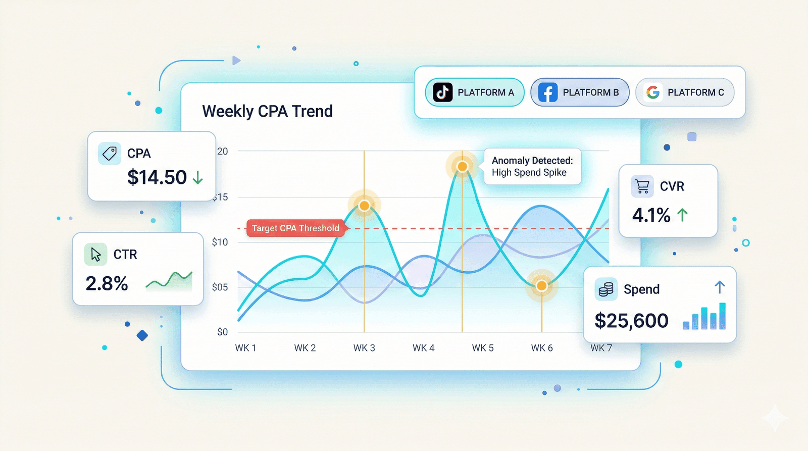 CPA trend chart with weekly platform comparison