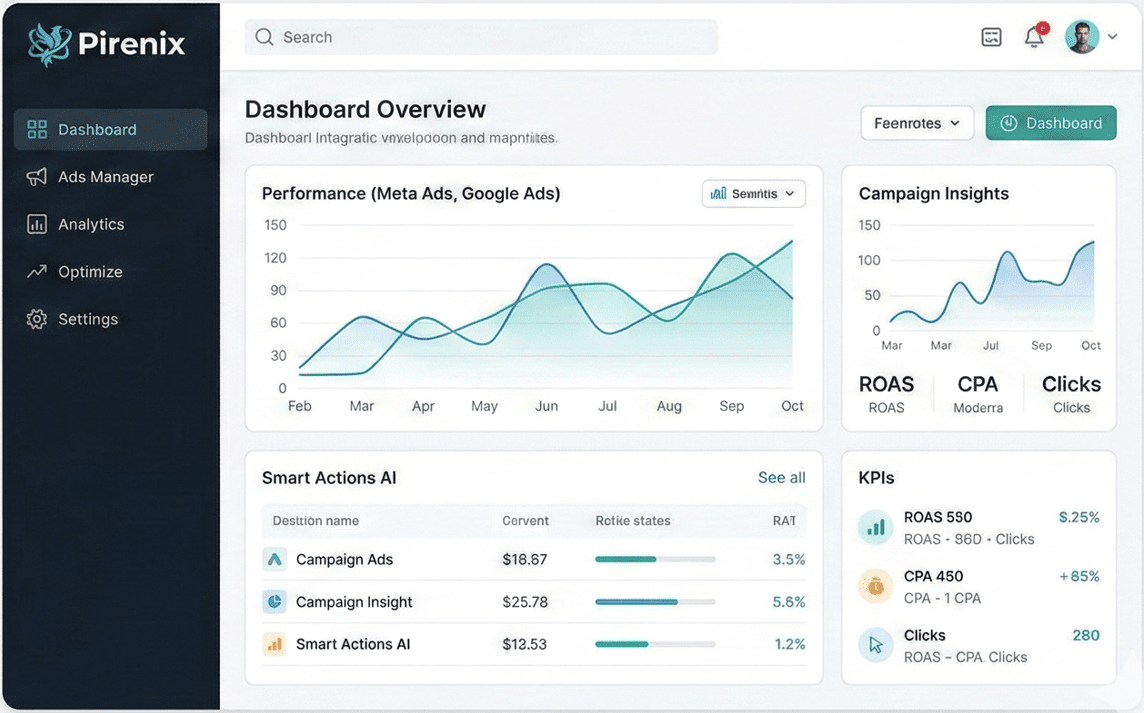Pirenix dashboard UI mockup showing campaign performance, charts, and AI recommendations